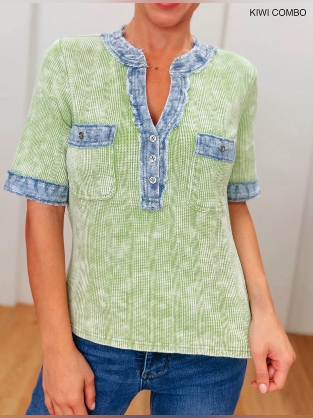 Women's Here it Comes Kiwi Combo Top in Light Green with Denim Trim
